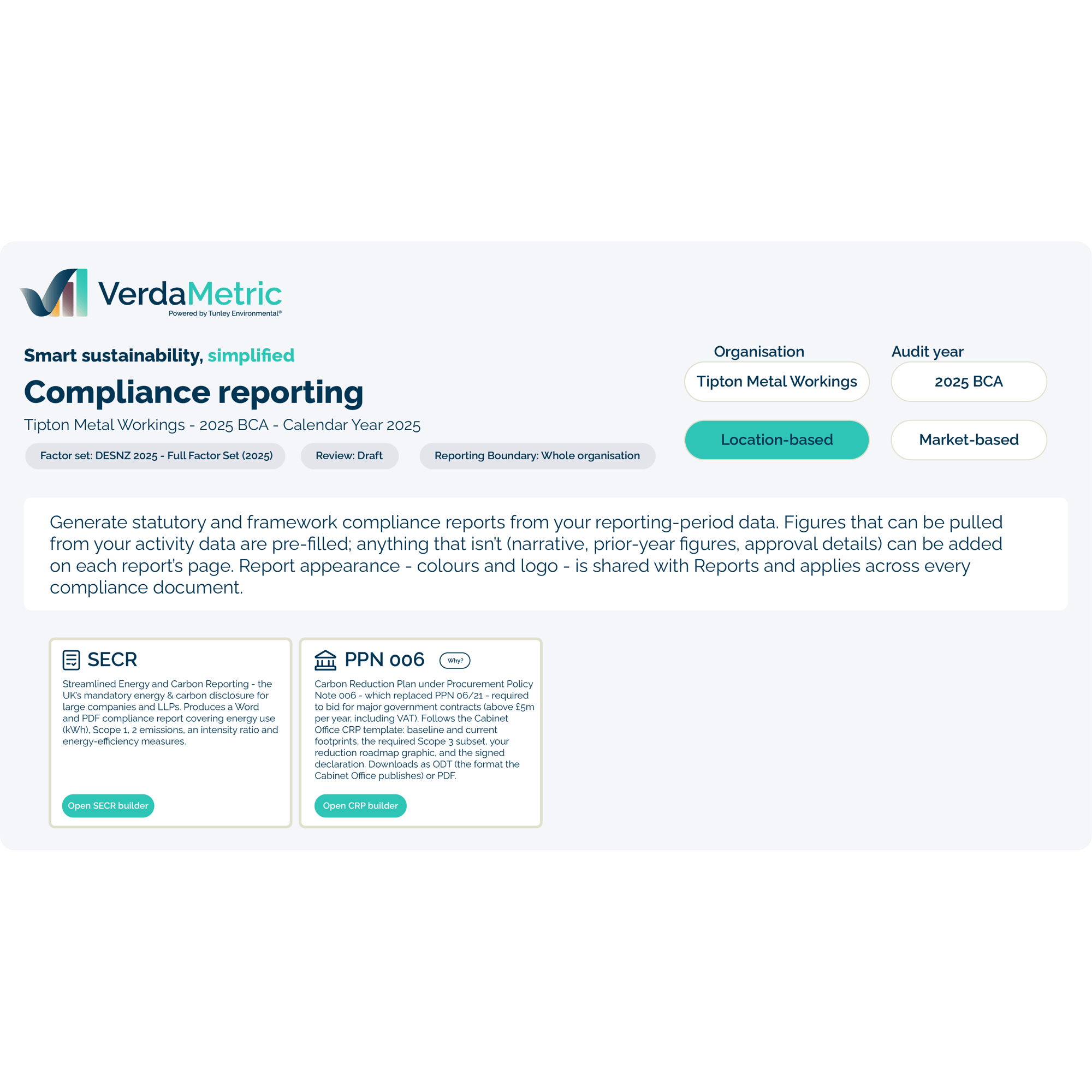 VerdaMetric feature compliance reporting for SECR and PPN 006